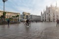 Milan city at sunrise. Square Duomo with the Duomo of Milan, Italy