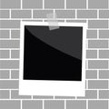 Square empty photo frame template with tape in flat design style. Brick stone wall background. Gray color texture. Flat design.