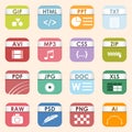 Square file types and formats labels icon set. File type format icons presentation document symbol. Audio extension