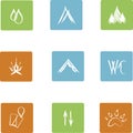 Square flat icons for camping, white markings on blue, green, orange background, hand-drawn