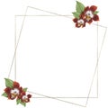 Square, floral frame with red orchids, leaves, gold square elements isolated on white background. Orchids frame watercolor