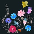 Square floral ornament with treble clef and musical notes in shape of garden flowers and little winged fairy and elf