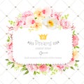 Square floral vector design frame. Orchid, wild rose, camellia flowers and fresh green leaves