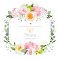 Square floral vector frame with peony, wild rose, carnation, orchid, eucaliptus and green leaves on white.