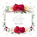 Square floral vector frame with peony, wild rose, mint eucaliptus and burgundy red leaves on white.