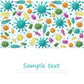 Square flyer, banner. Set of cartoon microbes in hand draw style. Coronavirus, viruses, bacteria Royalty Free Stock Photo