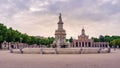 Square and fountain of royal palace with statue in cloudy day at sunset. Aranjuez Madrid Royalty Free Stock Photo