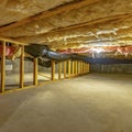 Square frame Basement or crawl space with upper floor insulation and wooden support beams Royalty Free Stock Photo