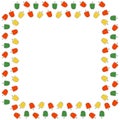 A square frame of bell peppers of red, green and yellow colors on a white background. Place for text.