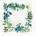 Square frame of blue flower and green leaves with watercolor painting.