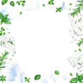 Square frame border with different kind of white cheeses and herbs. Watercolor illustration for clip art, cards, menu Royalty Free Stock Photo
