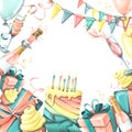 The square frame is bright, congratulatory. Watercolor illustration from a large set of HAPPY BIRTHDAY. For the design