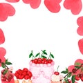 A square frame of cherry sweets and hearts. Watercolor illustration. Isolated on a white background.