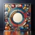 A square frame with a colorful, abstract design of nested circles in blue, red, orange, and yellow