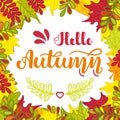 Square frame of colorful autumn leaves and hand written lettering Hello Autumn . Vector illustration for posters, cards Royalty Free Stock Photo