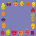 Square frame cute funny kawaii fruit Pear Mangosteen tangerine pineapple papaya persimmon pomegranate lime apricot plum dragon fru