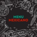 Square frame design template with traditional Mexican dishes. Burrito, taco, quesadilla, pozole, chili con carne