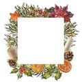 Square frame with dry orange, pine branches and cones, candle and spices. Watercolor illustration hand drawn for Royalty Free Stock Photo