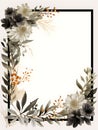 a square frame with flowers and leaves on a white background. Abstract Black foliage background with negative space for copy.