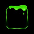 Square frame with a flowing green slime. Dripping toxic viscous liquid on a black background. Vector cartoon