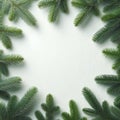A square frame of fresh green pine branches frames the empty white space, creating a natural and atmospheric backdrop Royalty Free Stock Photo