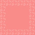 A square frame of hand-drawn light contour gloves, hats, flat boots on a coral background. Template of fashionable women`s accesso
