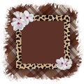Square frame with a leopard pattern and delicate white flowers on a torn checkered plaid background Royalty Free Stock Photo