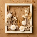 Square frame made of dried flowers, Autumn composition, cotton flowers, dried leaves on pastel brown background,Autumn,Generative Royalty Free Stock Photo
