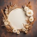 Square frame made of dried flowers, Autumn composition, cotton flowers, dried leaves on pastel brown background,Autumn,Generative Royalty Free Stock Photo