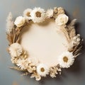 Square frame made of dried flowers, Autumn composition, cotton flowers, dried leaves on pastel gray background,Autumn,Generative,