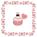 Square frame made of heart keys and a heart lock with a jar of happiness