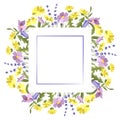 A square frame made of meadow flowers. An empty space for the text. Postcard. A design element.