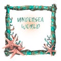 A square frame made of sticks with a jute rope, a rope with corals and starfish. Watercolor illustration. Banner from a Royalty Free Stock Photo