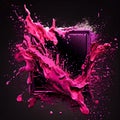 A square frame with magenta paint splashes on black background. Royalty Free Stock Photo