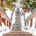 Square frame Metal grate tread stairs on snowy hill going down to a road viewed in winter Royalty Free Stock Photo