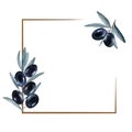 Square frame with olive branch. Black olives and leaves on a white background, isolated. Hand drawn watercolor. Copy space Royalty Free Stock Photo
