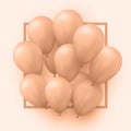 Square frame with peach fuzz color helium balloons. Abstract background for flier, poster