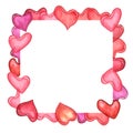 Square frame of pink hearts. Watercolor illustration isolated on white. Transparent hearts of various shapes. Copy space for text