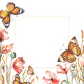 Square frame with poppy flowers and butterflies. Royalty Free Stock Photo