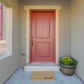 Square frame The red front door of a house with concrete exterior wall and shutters on window Royalty Free Stock Photo