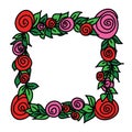 Square frame with round stylized flowers, a wreath of red rose blossom with green leaves. Simple flat illustration with stroke, Royalty Free Stock Photo