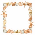 Square frame with seashells.Watercolor design element