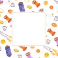 Square frame of sewing items and copy space for text. Scissors, thread spools, round buttons, pins, thimble. Dressmaking clipart Royalty Free Stock Photo