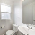 Square frame Small white bathroom with patterned matte glass window panel Royalty Free Stock Photo