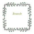 Square frame for text decoration in doodle style. Natural style, branches, plants, flowers. Black outline with colored accents on