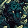 Square frame of a tropical pattern with a black panther. Leafy background from the rainforest. Wild cat.