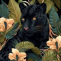 Square frame of a tropical pattern with a black panther. Leafy background from the rainforest. Wild cat.