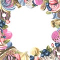 Square frame of various cakes, sweets, popsicles, berries, donuts, meringues. Watercolor illustration from a large set