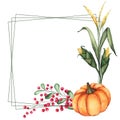 Square frame with watercolor illustrations of pumpkin, cranberry and corn Royalty Free Stock Photo