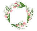 Square frame with watercolor pink tulips, genista, pistache branches. Hand drawn illustration is isolated on white. Wreath